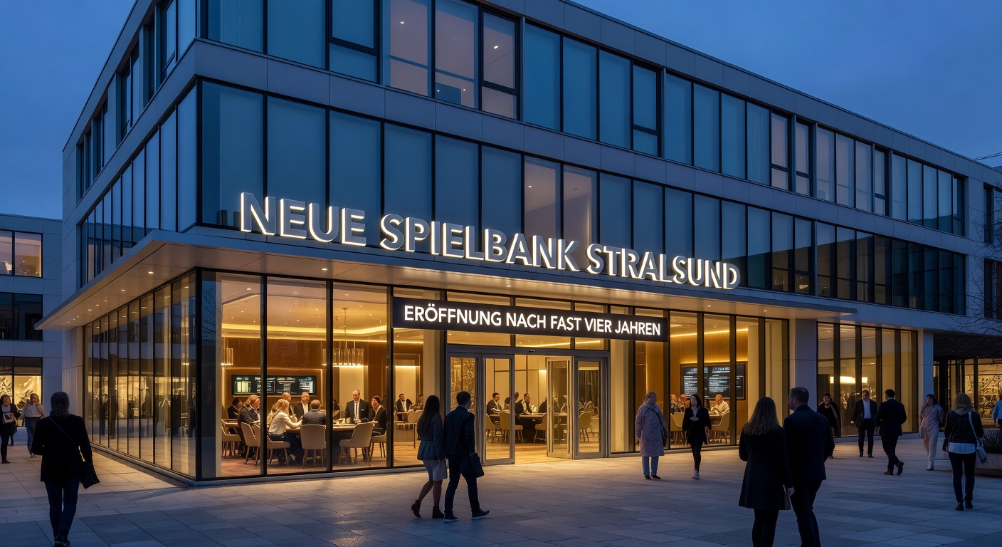 Innenansicht einer modernen Automatenhalle mit leuchtenden Slot-Maschinen und Spielern im Hanse-Center Stralsund