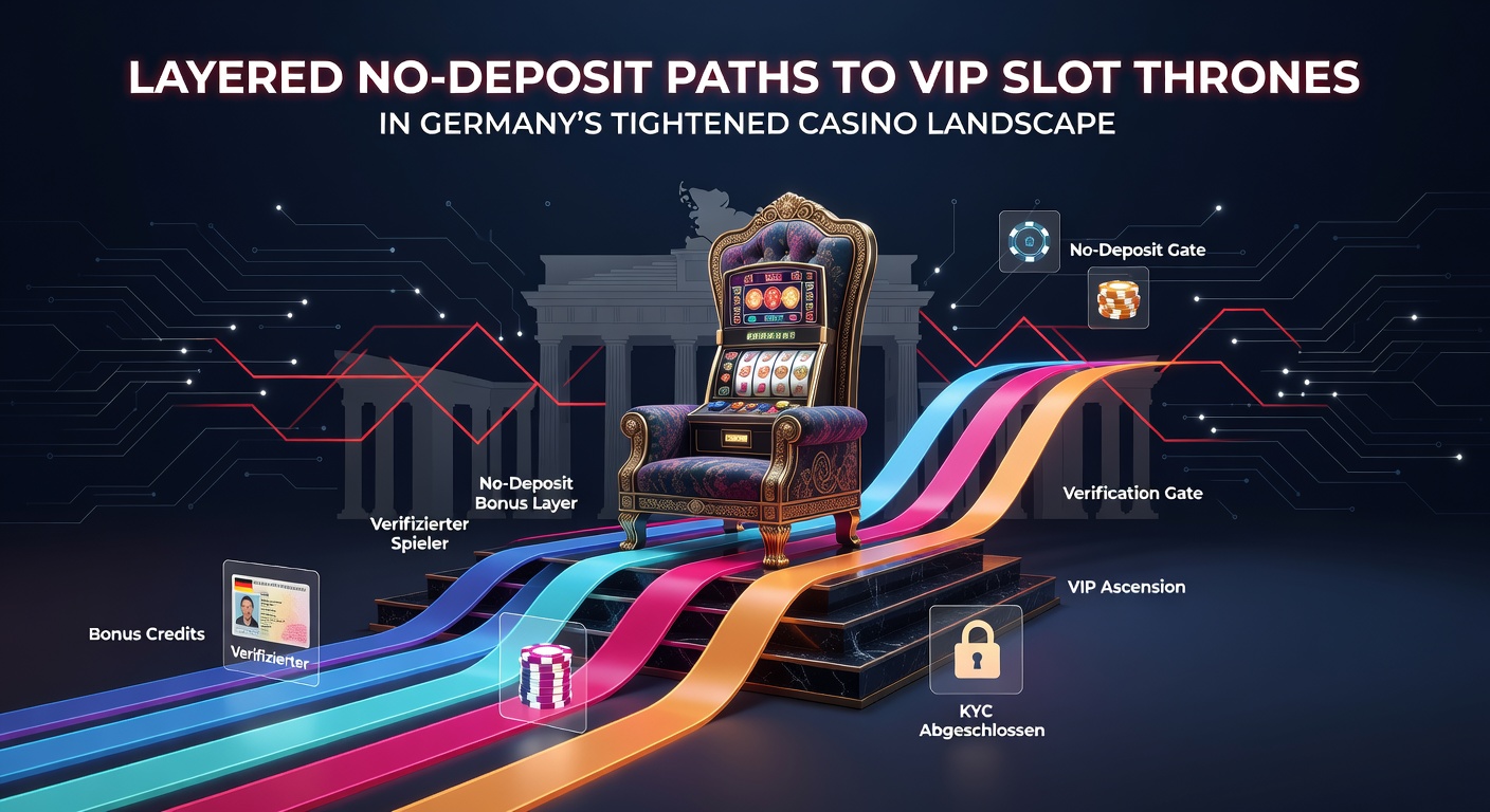 Ein stilisiertes Bild von einem goldenen Slot-Thron inmitten eines modernen Online-Casino-Interfaces mit VIP-Symbolen und No-Deposit-Boni-Hinweisen